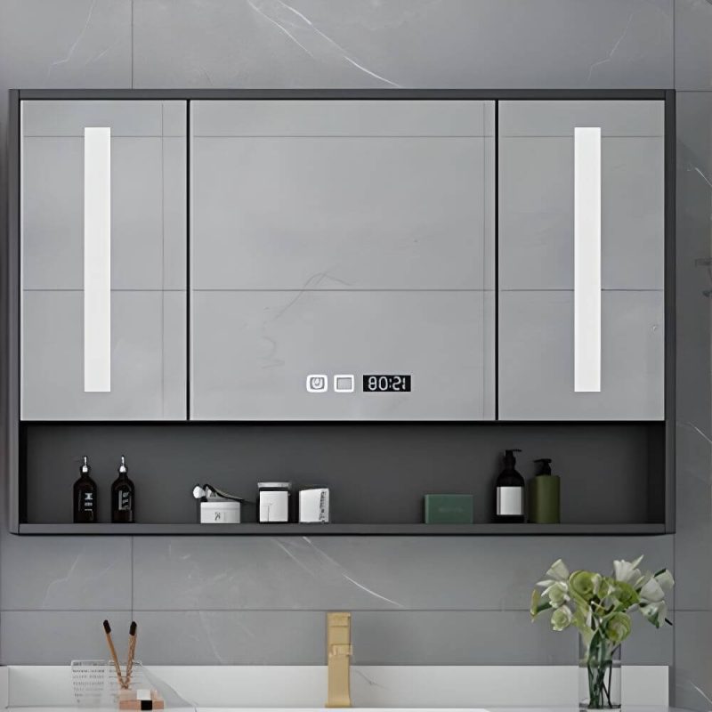 Medicine Cabinet with Hinged Door, Mirror Defogger, 5 Shelves, Dark Gray Finish, Lighting System, Hydrophobic, and Rectangle Shape, 39"L x 5"W x 30"H