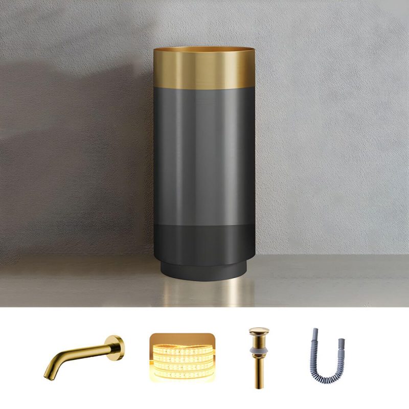 Modern Bathroom Sink with Pop-Up Drain Round Metal Pedestal Bathroom Sink - Grey/ Gold Sink with Faucet Sensor Faucet