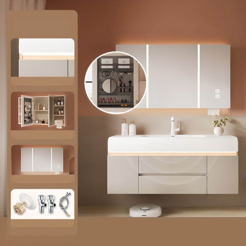 Chalk Bathroom Vanity with Sintered Stone Sink, 5 Doors, 1 Mirror, Overflow Hole, Simple Style, and Drain Assembly, 40"L x 20"W x 22"H, Bathroom Vanity & Faucet & Smart Vanity Mirror Cabinet