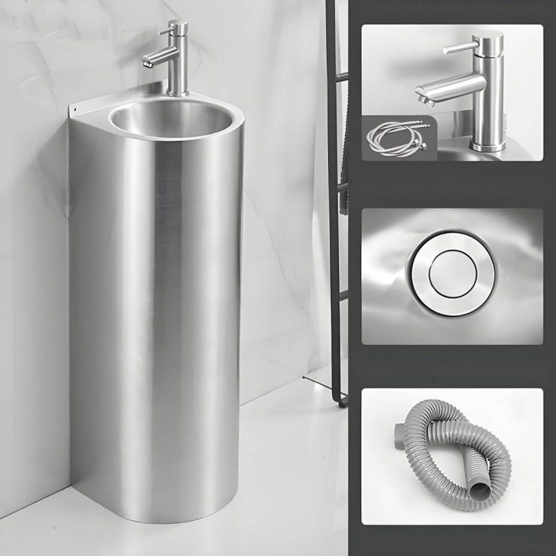 Contemporary Stainless Steel U-Shaped Pedestal Sink with Pop-Up Drain - Hot/Cold Water Dispensers Sink with Faucet Right Angle Outlet