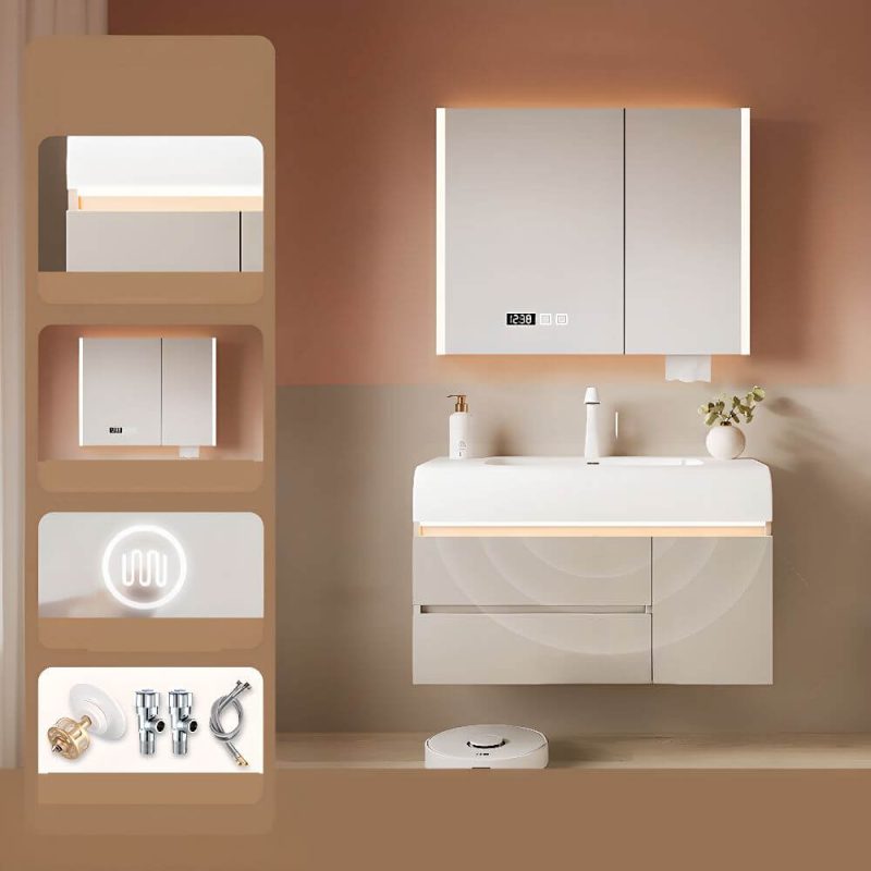 Simple Chalk Bathroom Vanity with Sintered Stone Sink, 3 Doors, Overflow Hole, Drain Assembly, and Shelf, Vanity & Faucet & Fully Sealed Smart Mirror Cabinet, 32"L x 20"W x 22"H