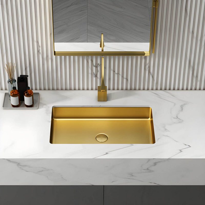 Metal Rectangular Bathroom Sink Modern Undermount Bathroom Sink - Sink with Faucet Gold Round Faucet