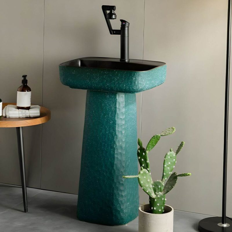 Green Rectangular Pedestal Bathroom Sink with Hand Hammered Craftsmanship and Stain-Resistant Finish - Sink with Faucet 7-Shaped Faucet Brass