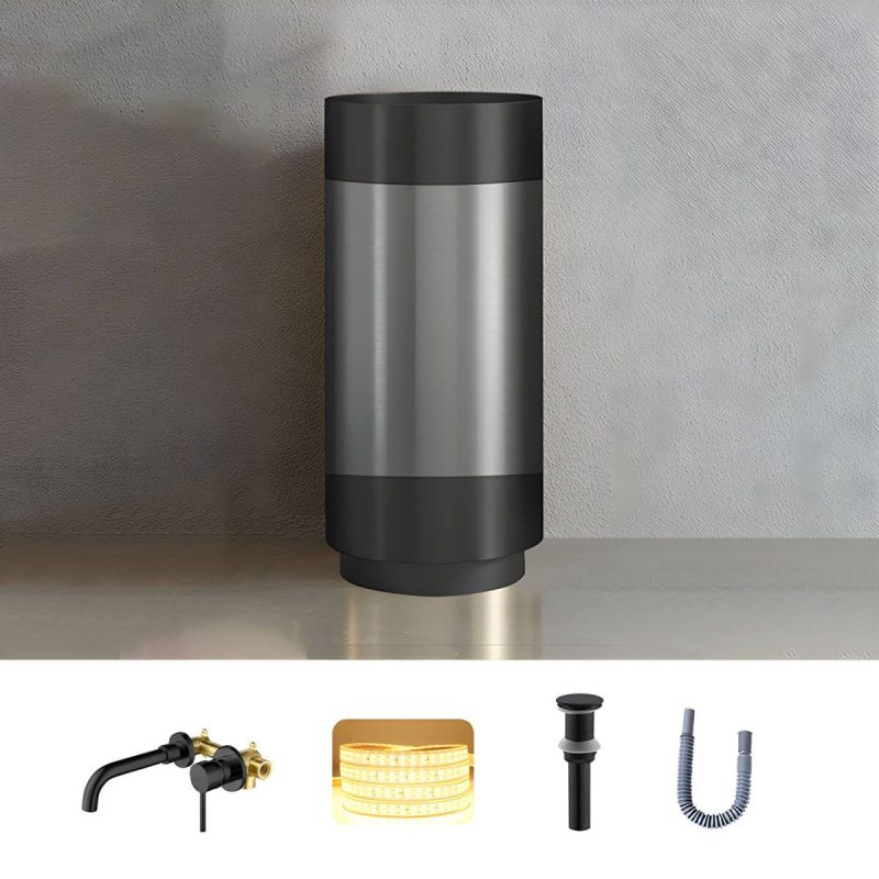 Modern Bathroom Sink with Pop-Up Drain Round Metal Pedestal Bathroom Sink - Black/Gray Sink with Faucet Wall Mounted Faucet