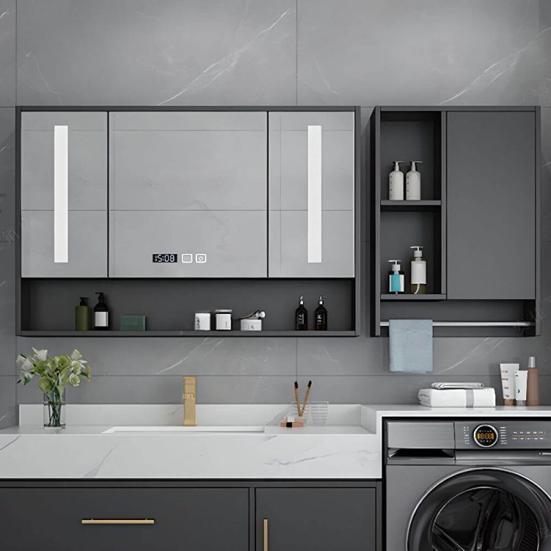 Medicine Cabinet with Hinged Door, Mirror Defogger, 5 Shelves, Dark Gray Finish, Lighting System, Hydrophobic, and Rectangle Shape, 63"L x 5"W x 30"H
