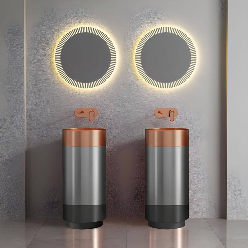 Modern Bathroom Sink with Pop-Up Drain Round Metal Pedestal Bathroom Sink - Black-Rose Gold Sink with Faucet Sensor Faucet