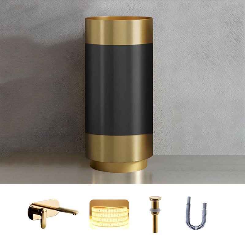 Modern Bathroom Sink with Pop-Up Drain Round Metal Pedestal Bathroom Sink - Black/ Gold Sink with Faucet Dual Hole Wall-Mounted Faucet