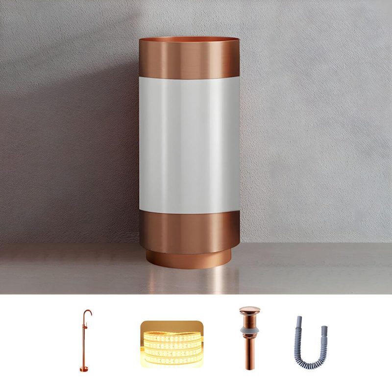 Modern Bathroom Sink with Pop-Up Drain Round Metal Pedestal Bathroom Sink - White-Rose Gold Sink with Faucet Floor-standing
