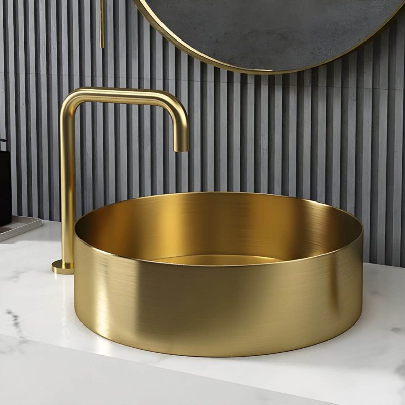 Modern Vessel Bathroom Sink Metal Round with Pop-Up Drain Wash Stand - Sink with Faucet Gold Low Profile