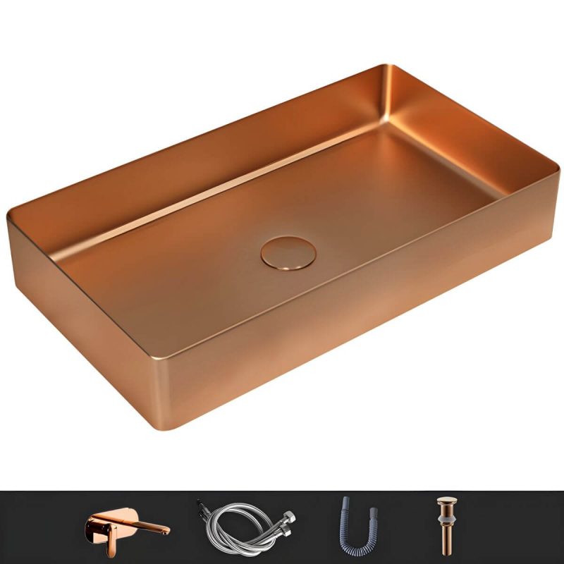 Modern Wash Stand Metal Rectangular with Drain Assembly and Faucet Vessel Bathroom Sink - Sink with Faucet Rose Gold Round Faucet