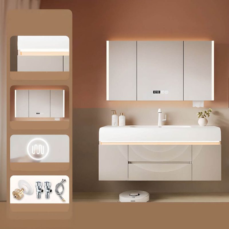 Simple Chalk Bathroom Vanity with Sintered Stone Sink, 5 Doors, 1 Mirror, Overflow Hole, and Drain Assembly, Vanity & Faucet & Fully Sealed Smart Mirror Cabinet, 48"L x 20"W x 22"H