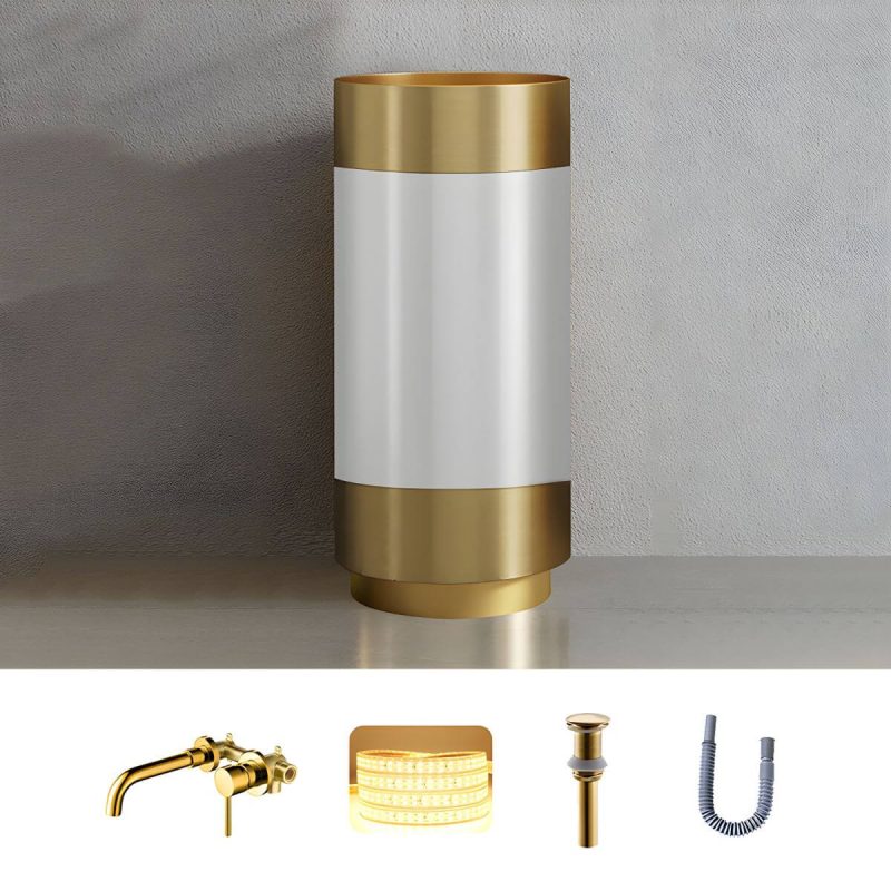 Modern Bathroom Sink with Pop-Up Drain Round Metal Pedestal Bathroom Sink - Gold-White Sink with Faucet Wall Mounted Faucet