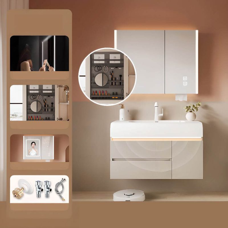 Chalk Bathroom Vanity with Sintered Stone Sink, 3 Doors, Overflow Hole, Simple Style, Drain Assembly, and Shelf, 32"L x 20"W x 22"H, Bathroom Vanity & Faucet & Smart Vanity Mirror Cabinet