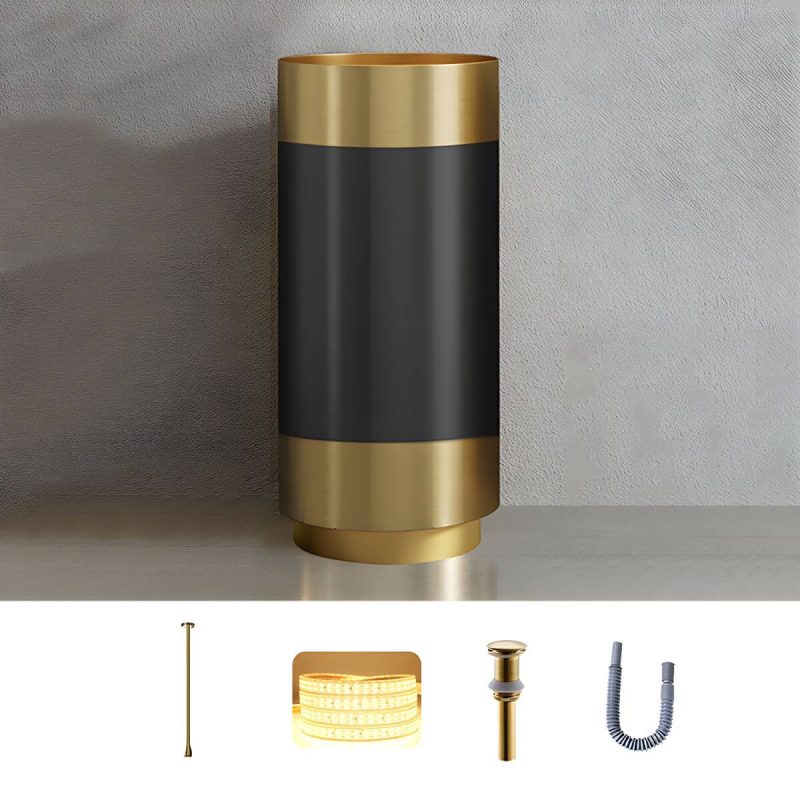 Modern Bathroom Sink with Pop-Up Drain Round Metal Pedestal Bathroom Sink - Black/ Gold Sink with Faucet Ceiling Sensing Faucet