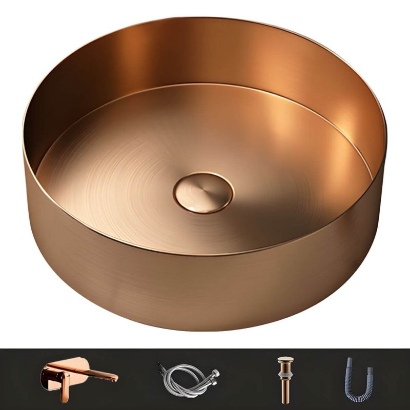 Modern Vessel Bathroom Sink Metal Round with Pop-Up Drain Wash Stand - Sink with Faucet Rose Gold Round Faucet