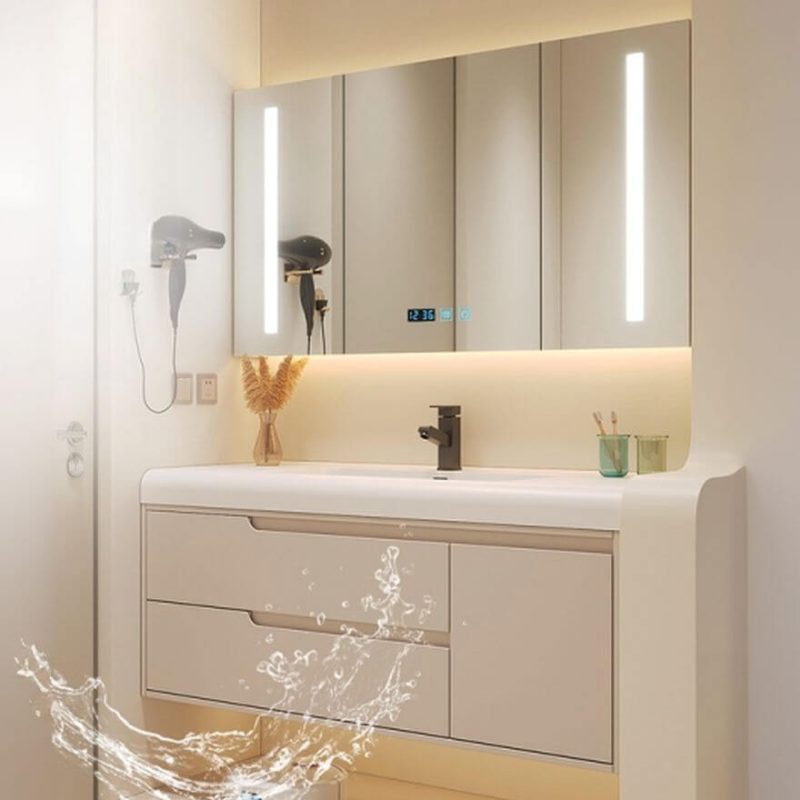 Spill Proof White Stone Rectangular Bathroom Vanity with 1 Door, Midnight Black Faucet and Shelf, Vanity & Faucet & Smart Medicine Cabinet, 39"L x 20"W x 21"H
