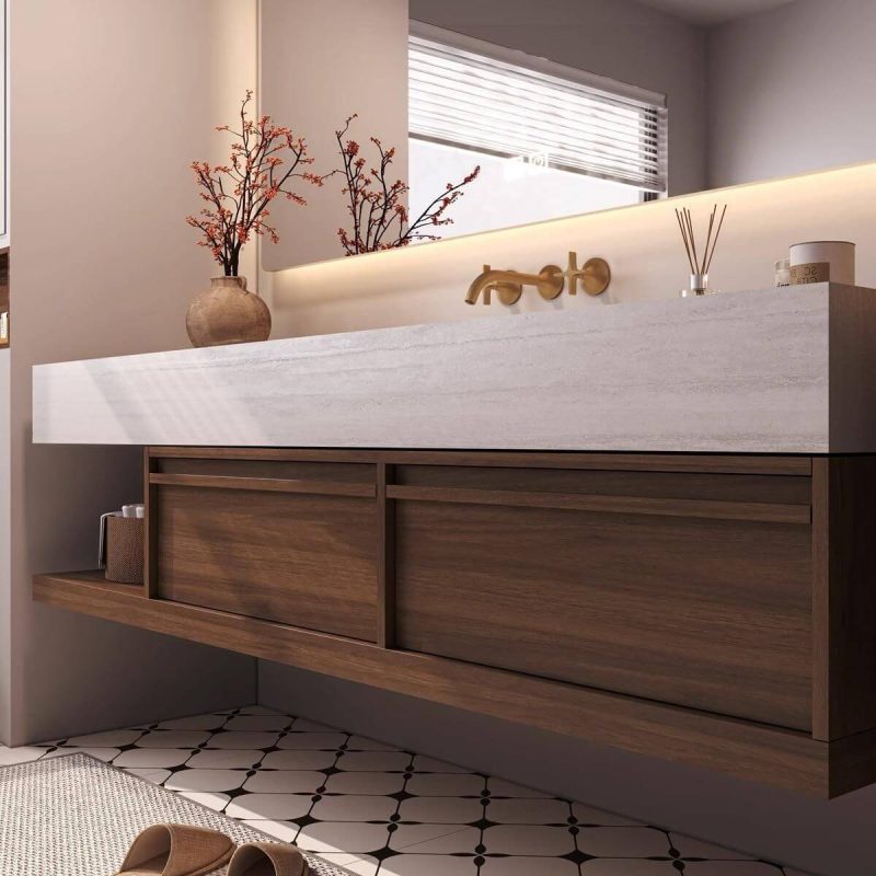 Butter Color Bathroom Vanity with Cocoa Base, Sintered Stone Sink, 1 Mirror, Rectangular Shape, Shelf, and Ink Faucet, Vanity & Faucet & Smart Mirror, 39"L x 22"W x 18"H