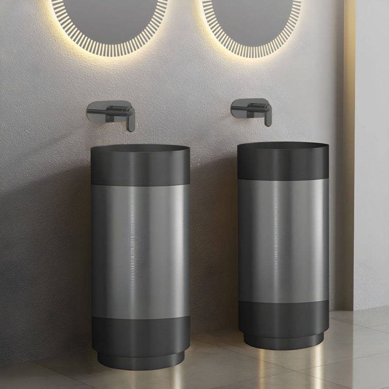 Modern Bathroom Sink with Pop-Up Drain Round Metal Pedestal Bathroom Sink - Black-Rose Gold Sink with Faucet Dual Hole Wall-Mounted Faucet