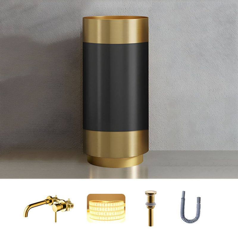 Modern Bathroom Sink with Pop-Up Drain Round Metal Pedestal Bathroom Sink - Black/ Gold Sink with Faucet Wall Mounted Faucet