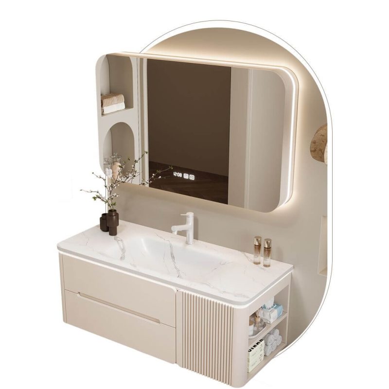 Modern Simple Style Bathroom Vanity with White Faucet, Beige Base, 2 Doors, Chalk Rectangle Sink, and Shelf, Ceramic, 24"L x 20"W x 20"H, Vanity & Faucet & Smart Half Mirror Cabinet