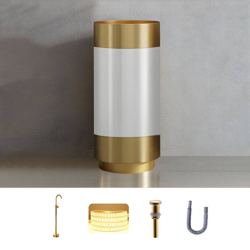 Modern Bathroom Sink with Pop-Up Drain Round Metal Pedestal Bathroom Sink - Gold-White Sink with Faucet Floor-standing