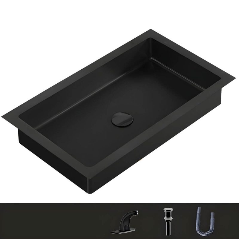 Metal Rectangular Bathroom Sink Modern Undermount Bathroom Sink - Sink with Faucet Black Induction Faucet