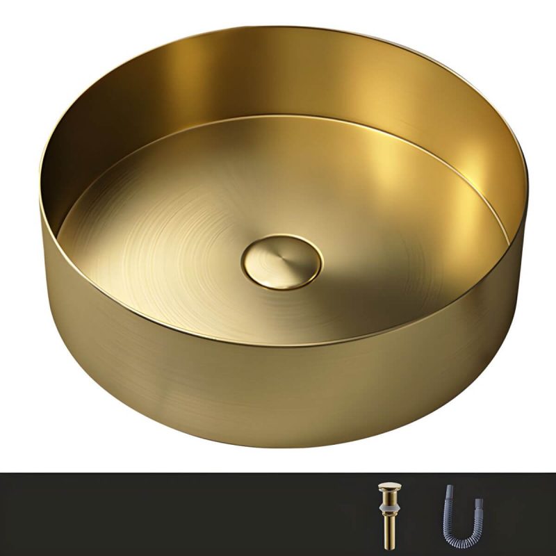 Modern Vessel Bathroom Sink Metal Round with Pop-Up Drain Wash Stand - Sink Gold None