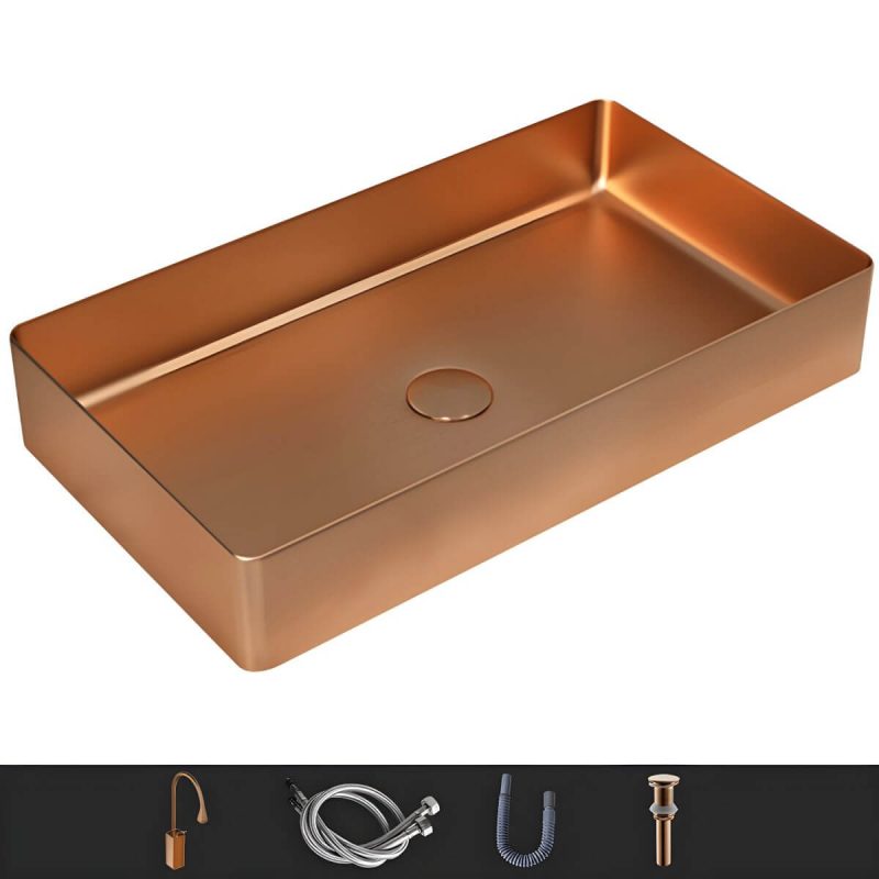 Modern Wash Stand Metal Rectangular with Drain Assembly and Faucet Vessel Bathroom Sink - Sink with Faucet Rose Gold Gooseneck/High Arc