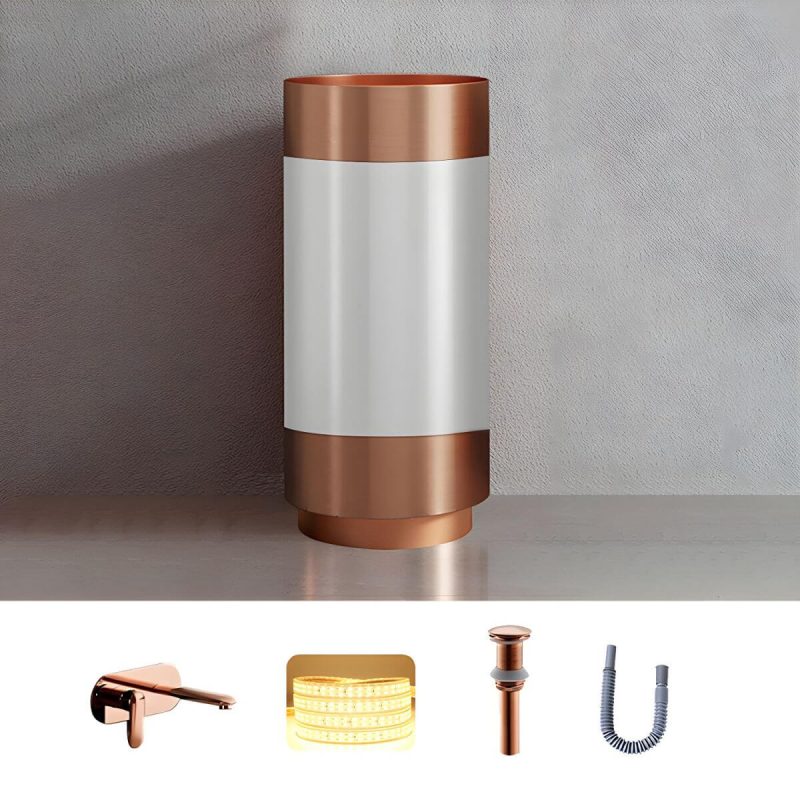 Modern Bathroom Sink with Pop-Up Drain Round Metal Pedestal Bathroom Sink - White-Rose Gold Sink with Faucet Dual Hole Wall-Mounted Faucet
