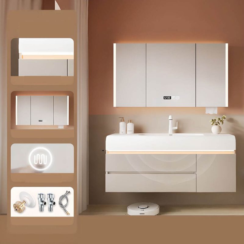 Simple Chalk Bathroom Vanity with Sintered Stone Sink, 4 Doors, Overflow Hole, Drain Assembly, and Shelf, Vanity & Faucet & Fully Sealed Smart Mirror Cabinet, 36"L x 20"W x 22"H