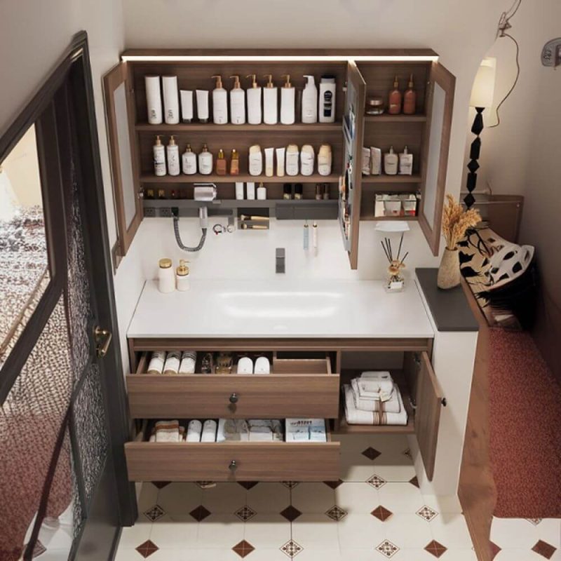 Dove Grey Faucet Composite Wood Cocoa Bathroom Vanity with 5 Doors, Cabinet Hardware, Chalk Finish, and Ceramic Sink, 71"L x 20"W x 20"H, Vanity & Faucet & Smart Medicine Cabinet, Slate