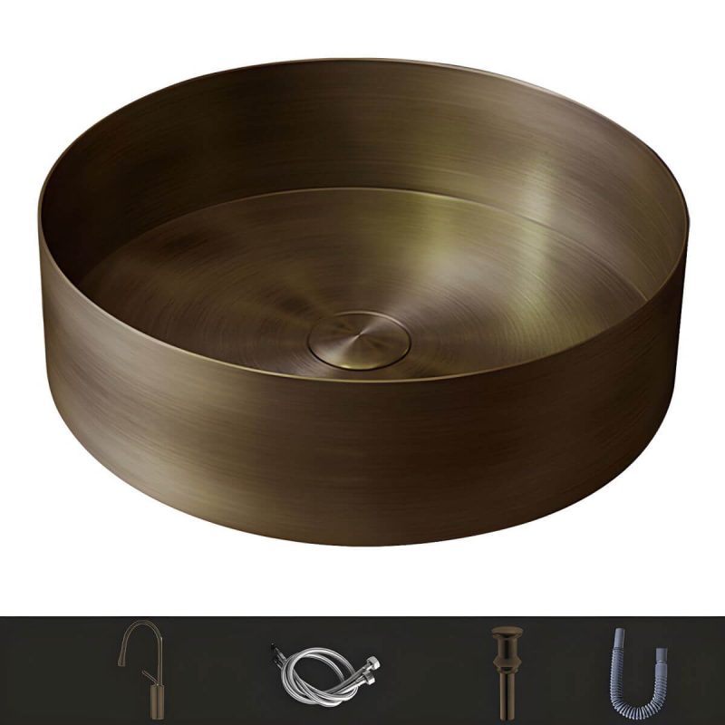 Modern Vessel Bathroom Sink Metal Round with Pop-Up Drain Wash Stand - Sink with Faucet Bronze Gooseneck/High Arc