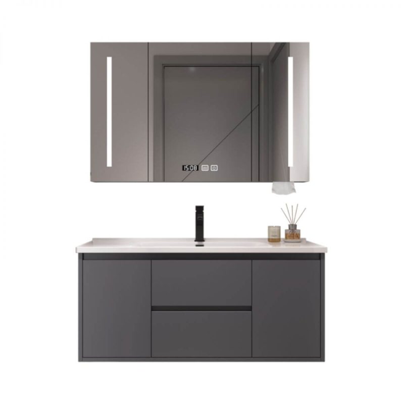 Bathroom Vanity with 5 Doors, Gray Base, Chalk Finish, Rectangular Sink, Shelf, Ink Faucet, and Modern Simple Style, Vanity & Faucet & Mirror Cabinet, 43"L x 20"W x 19"H