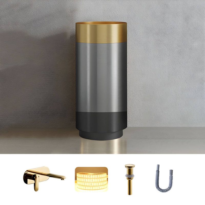 Modern Bathroom Sink with Pop-Up Drain Round Metal Pedestal Bathroom Sink - Gold Sink with Faucet Dual Hole Wall-Mounted Faucet