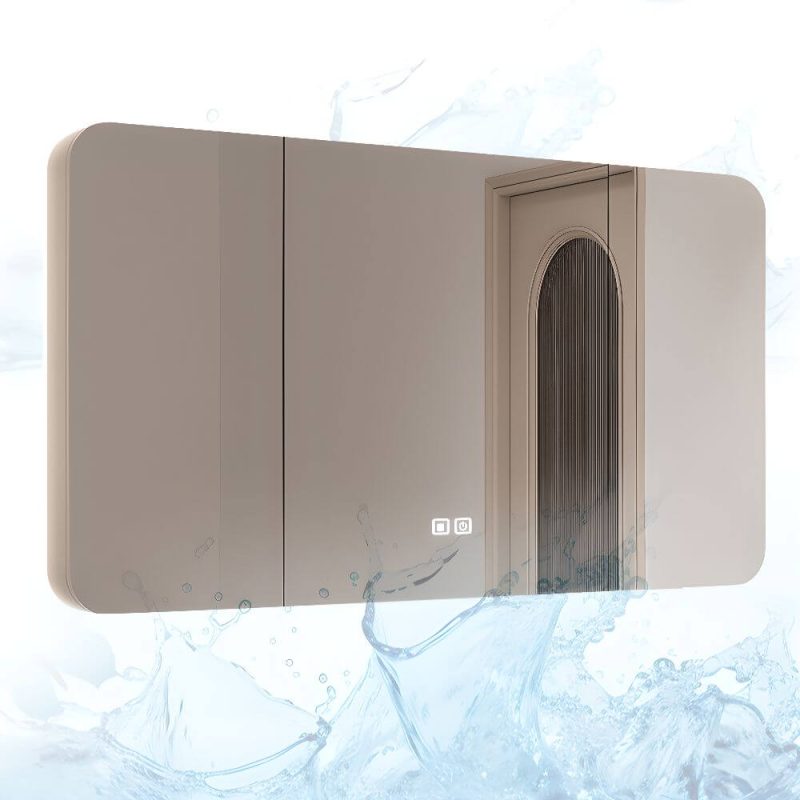 Beige 4 Shelves Medicine Cabinet with 3 Doors, Lighting System, Rectangle Shape, Hydrophobic & Plug-in, 59"L x 6"W x 28"H