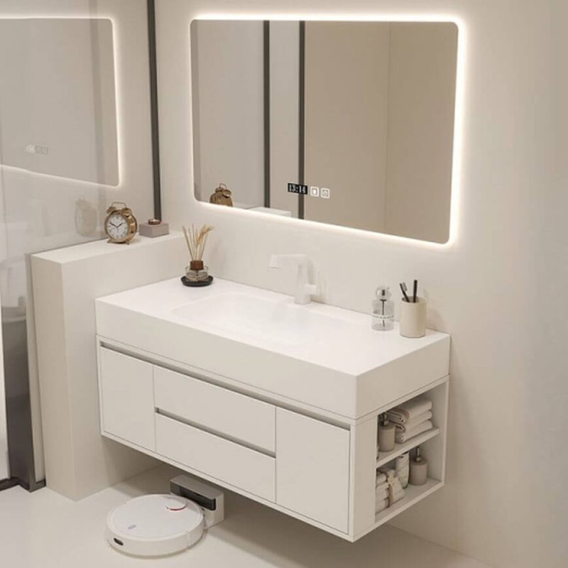 Stone Bathroom Vanity with 5 Doors & Warp-proof Durability & 1 Mirror & White Faucet & Beige Base & Shelf, Vanity & Faucet & Smart Medicine Cabinet, 55"L x 20"W x 22"H