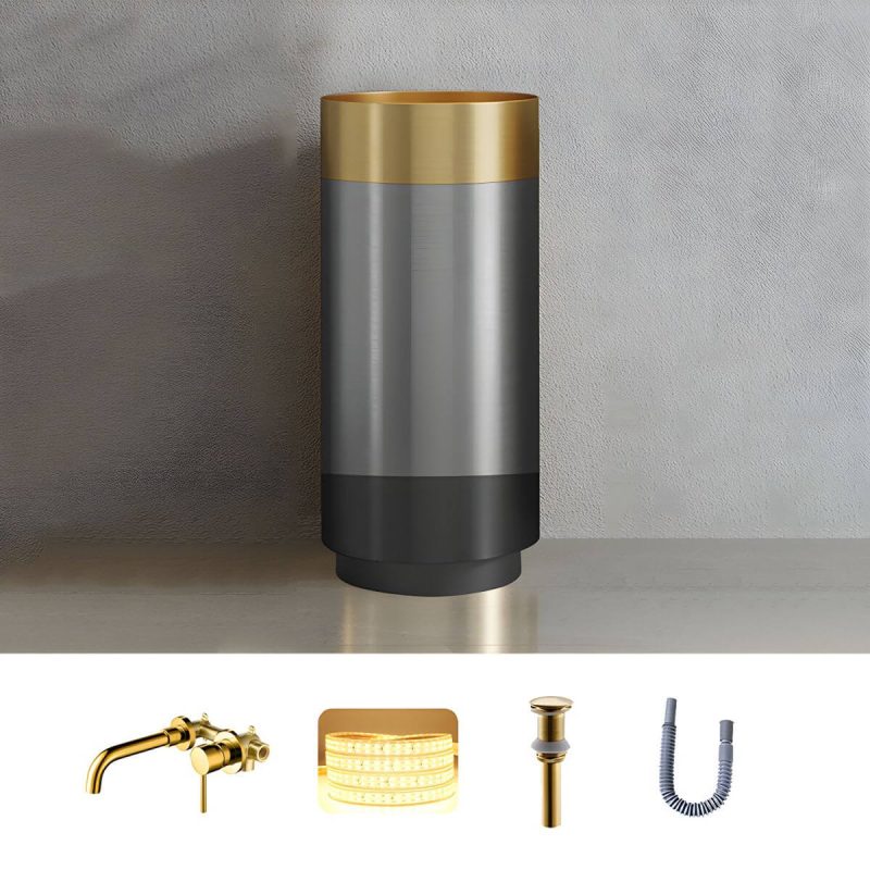 Modern Bathroom Sink with Pop-Up Drain Round Metal Pedestal Bathroom Sink - Gold Sink with Faucet Wall Mounted Faucet