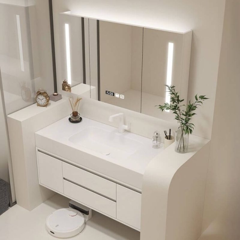 Stone Bathroom Vanity with 5 Doors & Warp-proof Durability & 1 Mirror & White Faucet & Beige Base & Shelf, Vanity & Faucet & Smart Medicine Cabinet, 39"L x 20"W x 22"H