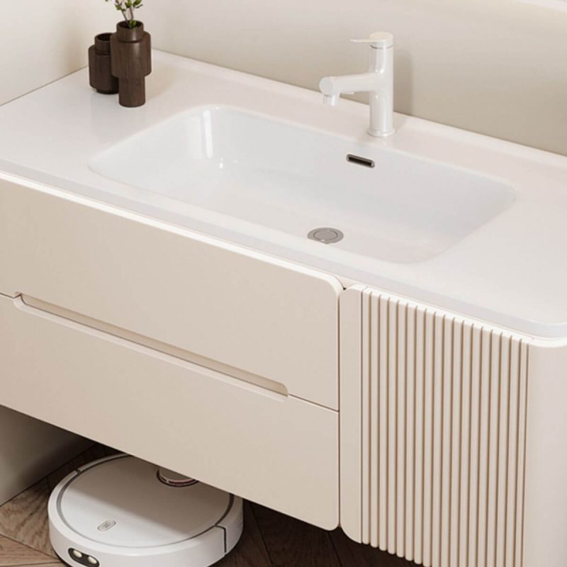 Modern Simple Style Bathroom Vanity with 4 Doors, White Faucet, Beige Base, Chalk Rectangle Sink, and Shelf, Ceramic, Vanity & Faucet & Fully Sealed Smart Mirror Cabinet, 36"L x 20"W x 20"H