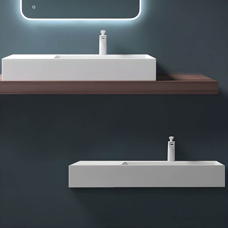Contemporary Bathroom Sink Man Made Rock Rectangular Vessel Bathroom Sink without Faucet - 35"L x 19"W x 5"H Bright White Right Basin