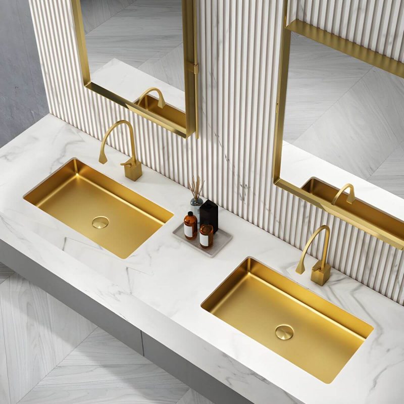 Metal Rectangular Bathroom Sink Modern Undermount Bathroom Sink - Sink with Faucet Gold Induction Faucet