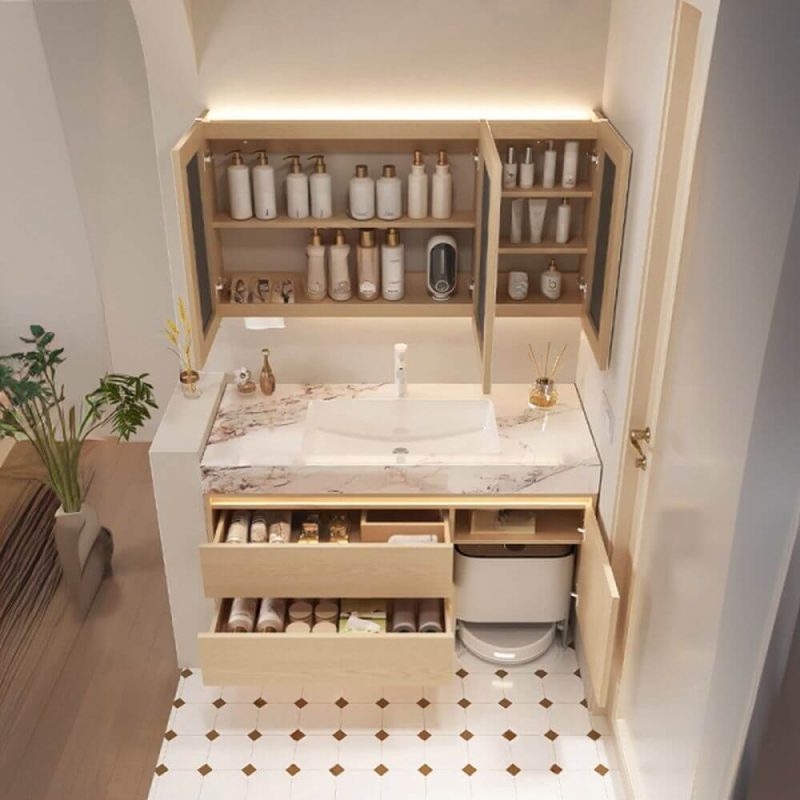 Lumber Chalk Bathroom Vanity with 4 Doors, Simple Style, Ceramic Material, Shelf, and Drain Assembly, 43.3"L x 19.7"W x 21.7"H, Vanity & Faucet & Smart Medicine Cabinet, Slate