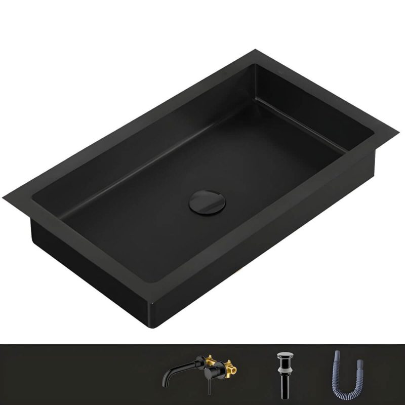 Metal Rectangular Bathroom Sink Modern Undermount Bathroom Sink - Sink with Faucet Black Round Faucet