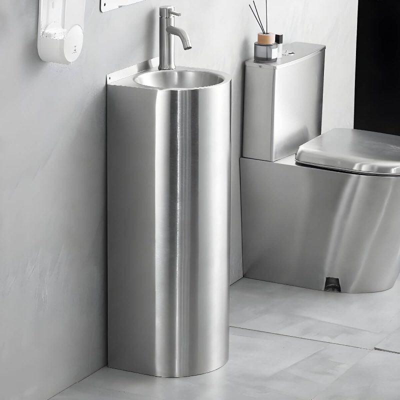 Contemporary Stainless Steel U-Shaped Pedestal Sink with Pop-Up Drain - Cold Water Dispensers Sink with Faucet Elbow Outlet
