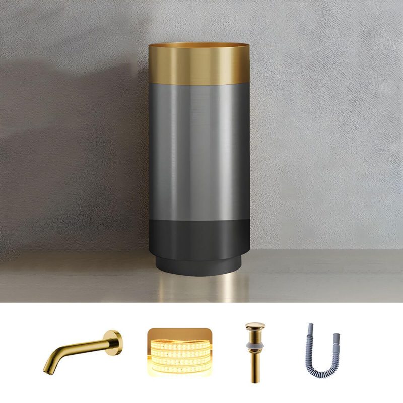 Modern Bathroom Sink with Pop-Up Drain Round Metal Pedestal Bathroom Sink - Gold Sink with Faucet Sensor Faucet