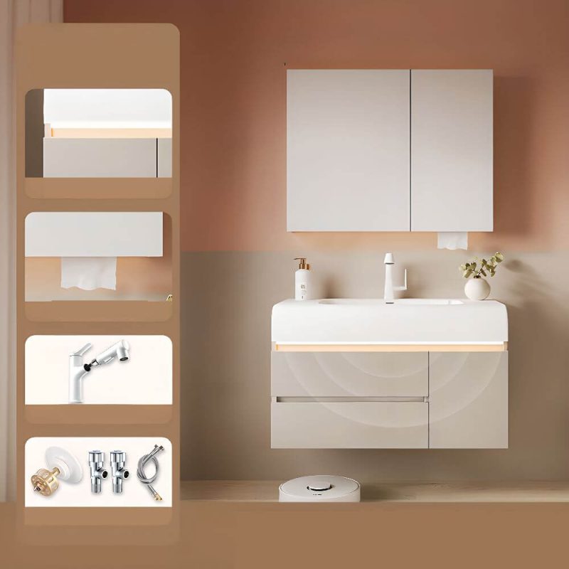 Simple Chalk Bathroom Vanity with Sintered Stone Sink, 3 Doors, Overflow Hole, Drain Assembly, and Shelf, Vanity & Faucet & Enclosed Mirror Cabinet, 32"L x 20"W x 22"H