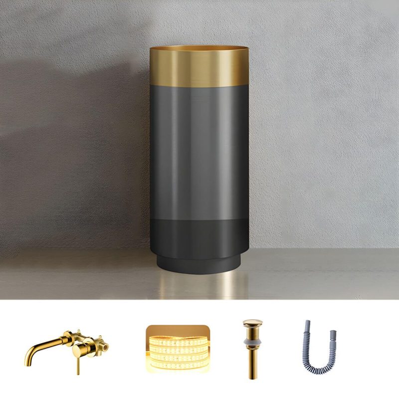 Modern Bathroom Sink with Pop-Up Drain Round Metal Pedestal Bathroom Sink - Grey/ Gold Sink with Faucet Wall Mounted Faucet
