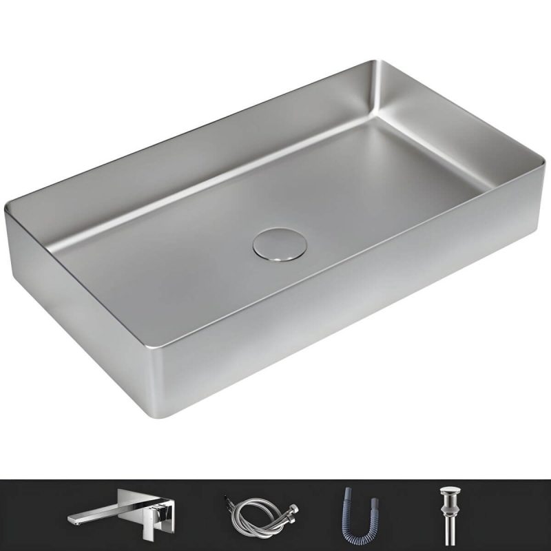 Modern Wash Stand Metal Rectangular with Drain Assembly and Faucet Vessel Bathroom Sink - Sink with Faucet Grey Square Faucet