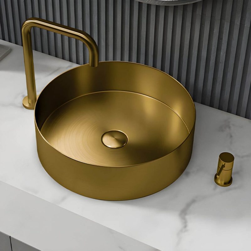 Modern Vessel Bathroom Sink Metal Round with Pop-Up Drain Wash Stand - Sink with Faucet Black Low Profile