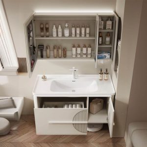 Ivory Bathroom Vanity with 1 Drawer, Cabinet Hardware, 4 Doors, Chalk Faucet, Backsplash, and Overflow Hole, Vanity & Faucet & Fully Sealed Smart Mirror Cabinet, 44"L x 20"W x 21"H